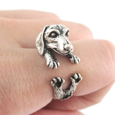 Antique Silver Realistic Dachshund Dog Puppy Animal Wrap Ring for Girl Women Gift