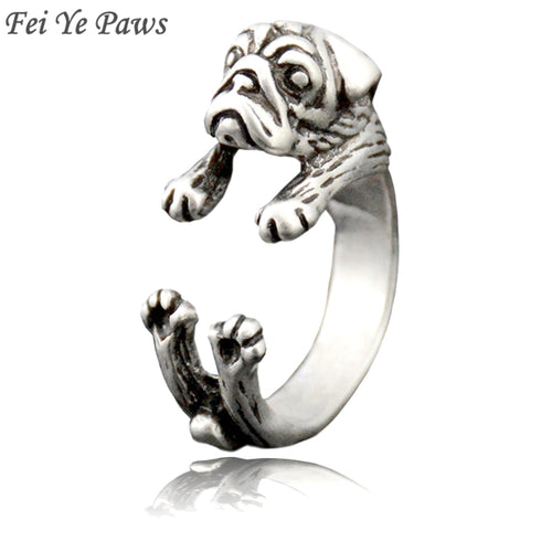 Fei Ye Paws Boho Retro Style Pug Ring Anel For Women Dog Animal Midi Finger Metal Rings For Girls Men Jewelry Unique Gift Idea